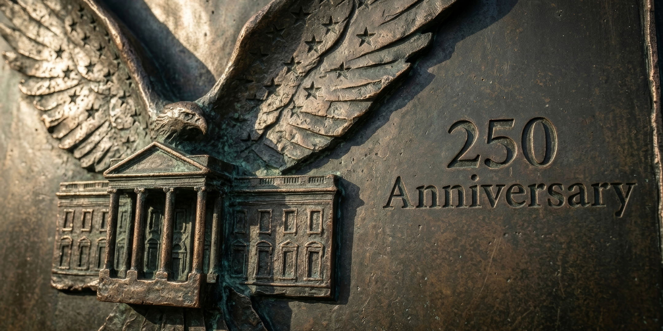 Bronze relief of an American eagle and the White House marking the nation&rsquo;s 250th anniversary